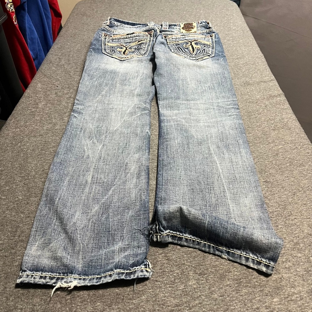 Rock Revival Renon Relaxed Straight Jeans Mens 31 Blue Distressed Heavy Stitch